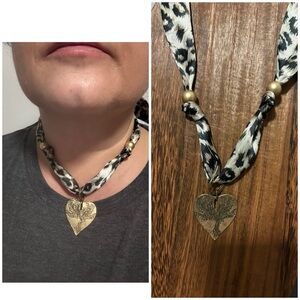Let it grow- Handmade bronze Heart Pendant  leopard silky tie necklace
